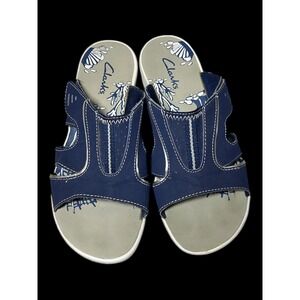 Clarks Sunbeat Navy Blue Nautical Print Wedge Slide Sandals Womens 7M 65037